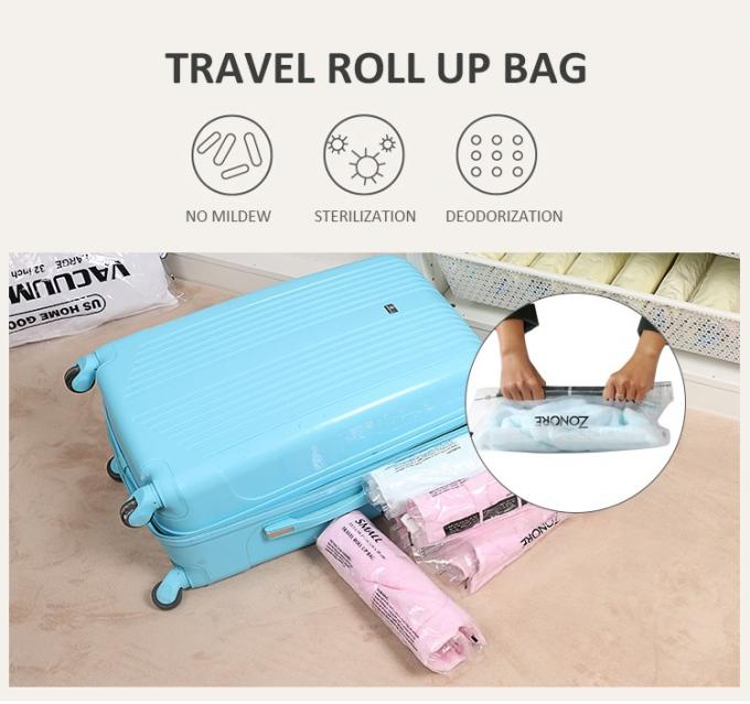 Saco de viagem de vácuo personalizado Saco de plástico de embalagem de mão Saco de vácuo de rolos com fecho para bagagem 0