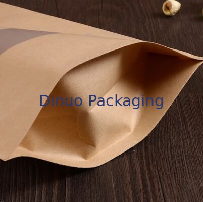 Eco Amigável Papel Kraft Stand Up Pouches Grado Alimentar Recolocável Sacos de armazenamento de janela transparente para lanches Café Cozinha em casa